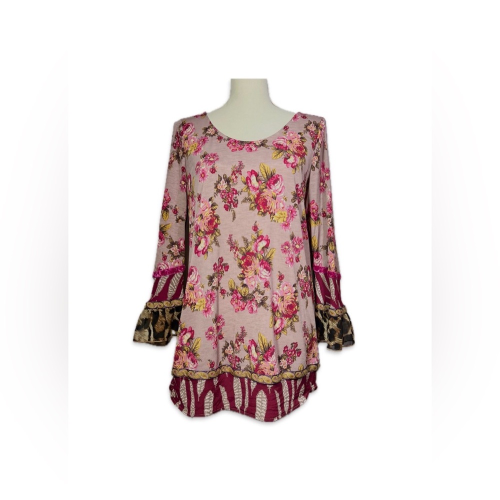 Ivy Jane Pink Floral Tunic Top M Boho Mixed Border Trumpet Sleeve Cottage